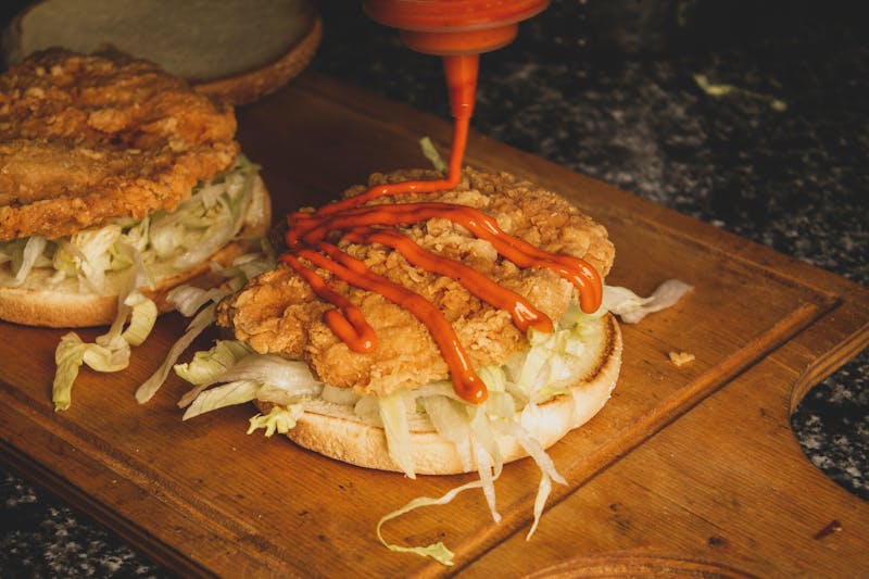 Freshly prepared starbird chicken burger close-up